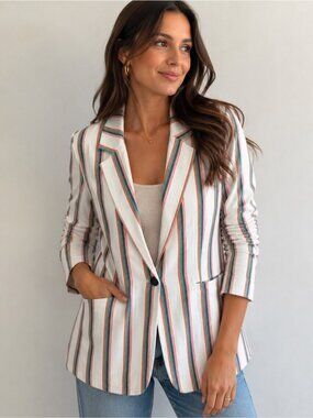 Halogen White Blazer with Green and Rust Stripes